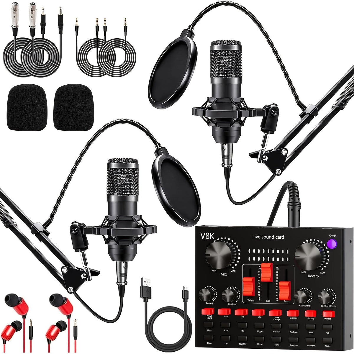 BM-800 Podcast Recording Studio Bundle with Live Sound Card, Voice Changer & Earphones – Complete Audio Interface Kit for Streaming, Vlogging & Live Broadcast, Multiple Models Available
