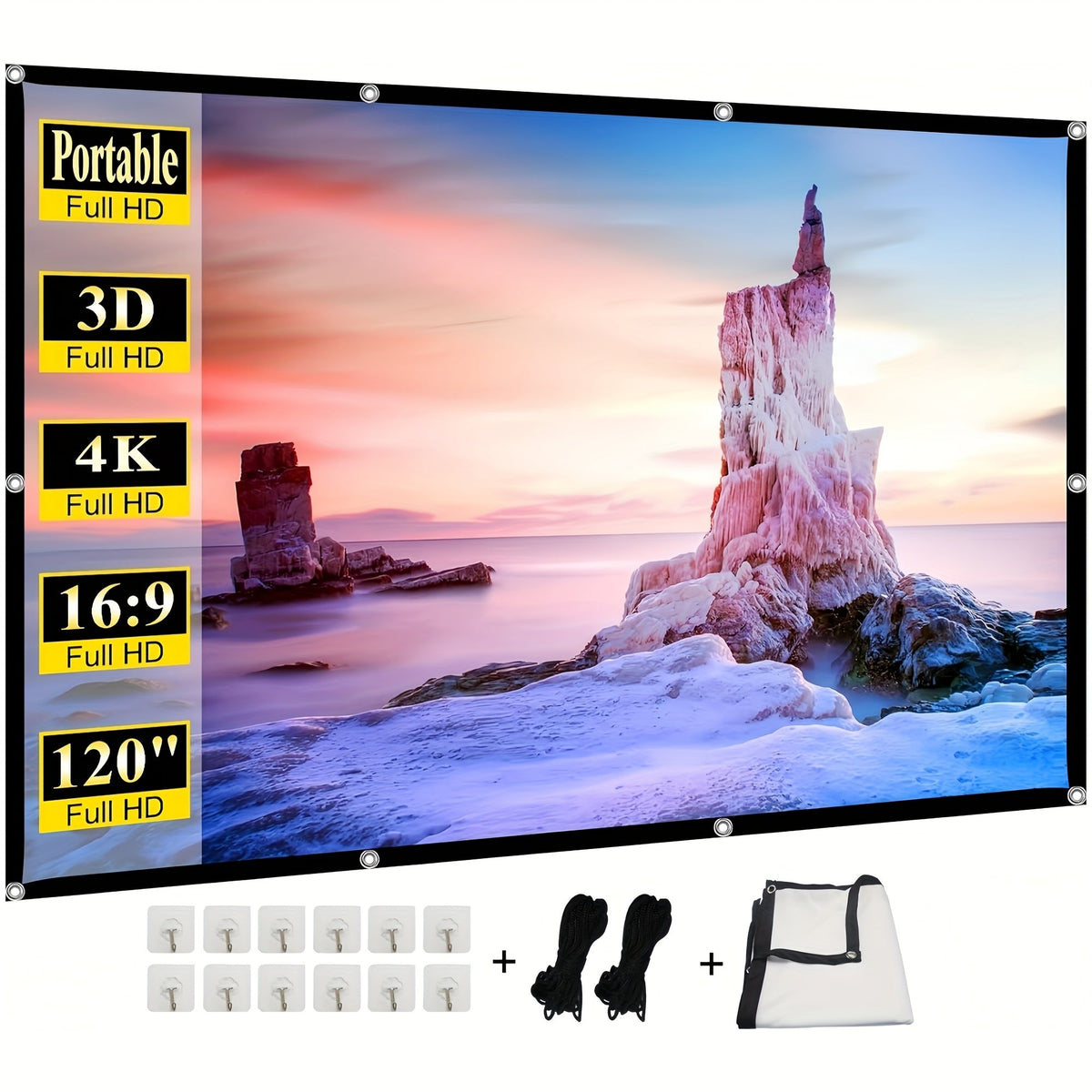 Portable Projector Screen 4K HD 72 100 120 Inch 16:9 Foldable Wrinkle-Free Outdoor Indoor Movie Screen 160° Wide View Dual-Sided for Home Theater Camping Party Presentations