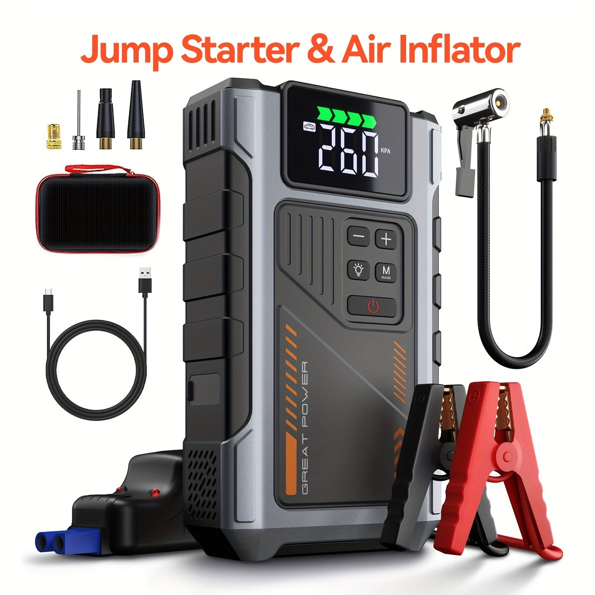 8000A Portable Jump Starter with Air Compressor 12V Battery Booster for 8.0L Gas 6.5L Diesel Engines USB Charging Ports LED Flashlight Jump Box for Cars Trucks SUVs Motorcycles