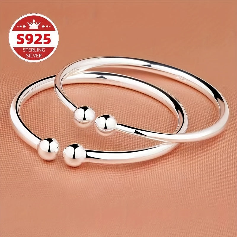 S925 Sterling Silver Pearlescent Bead Open Cuff Bracelet for Women – Adjustable Elegant Fashion Bangle, Hypoallergenic Daily Wear, Perfect Valentine’s Day, Mother’s Day & Birthday Gift