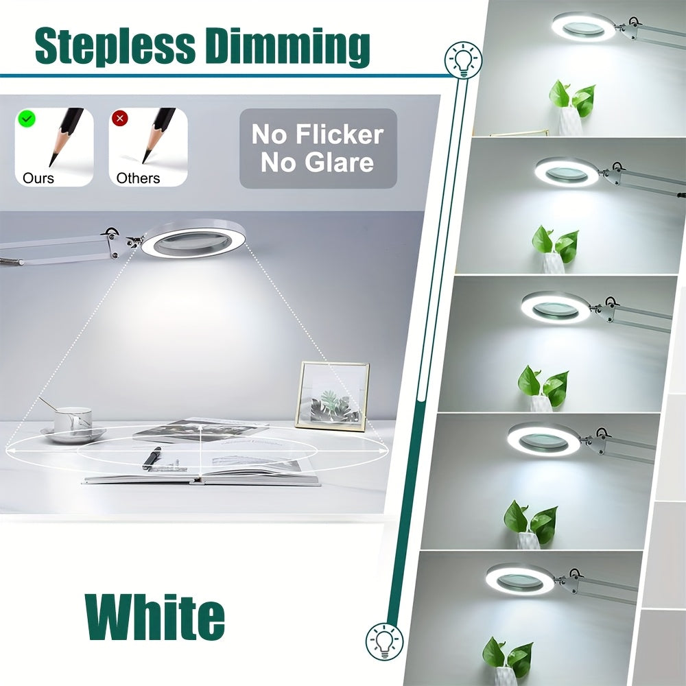 15X Magnification LED Magnifying Glass Lamp with Adjustable Arm & Clamp Base – Dimmable 3-Color Light, USB-Powered Desk Magnifier for Reading, Crafts, Manicure, Sewing & Precision Work (Black/White)