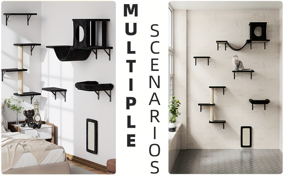 Wall Mounted Cat Climbing Shelf Set 7-Piece Deluxe Indoor Cat Furniture with Condo Scratching Post Bridge Ladder Tunnel – Space-Saving Cat Wall Playground for All Cat Sizes