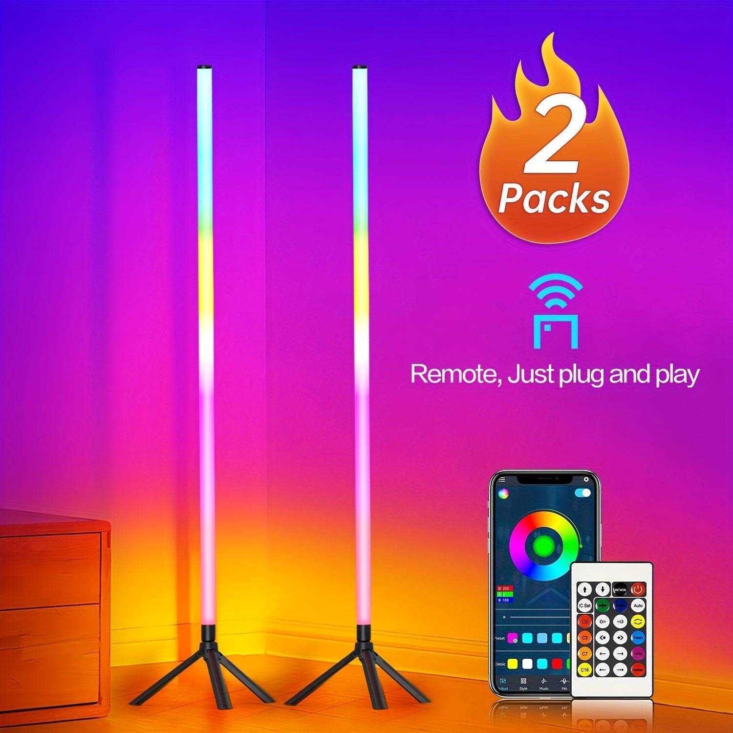 RGB Corner Floor Lamp 16 Million Colors Music Sync APP Remote Control 300 Plus Effects 2700K-6000K Dimmable Smart Standing Light for Living Room Bedroom Gaming Room Office
