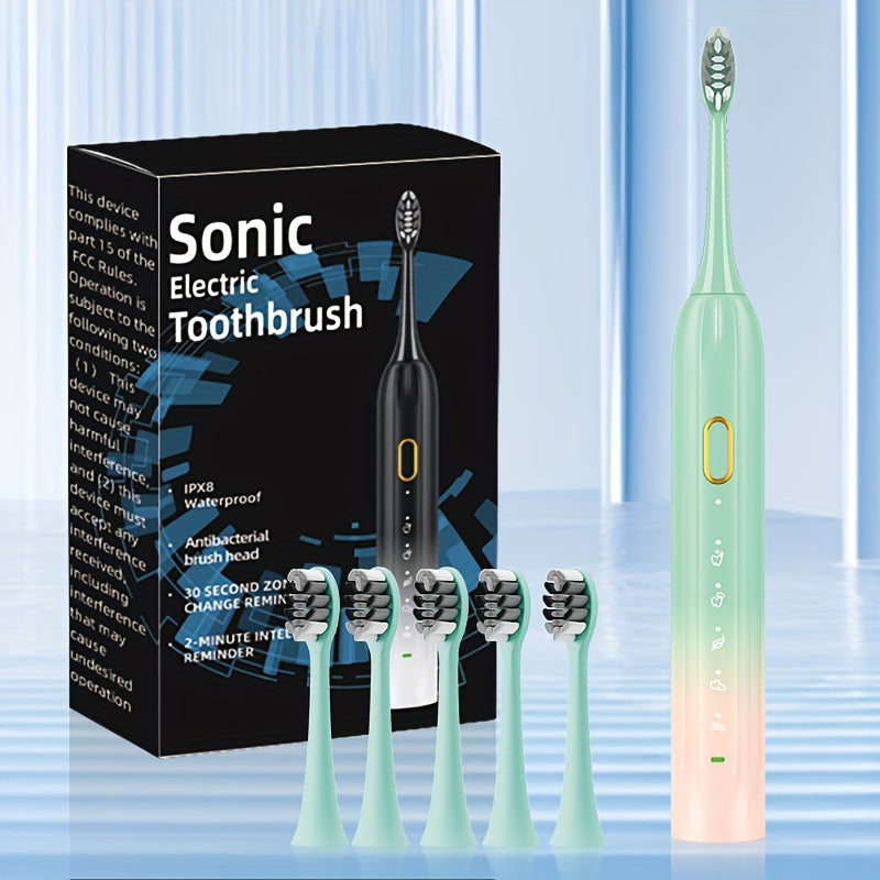 Sonic Electric Toothbrush IPX8 Waterproof USB Rechargeable 5 Replacement Brush Heads Smart 2-Minute Timer Metal Shaft Adults Men Women Couple Oral Care Black Pink Green