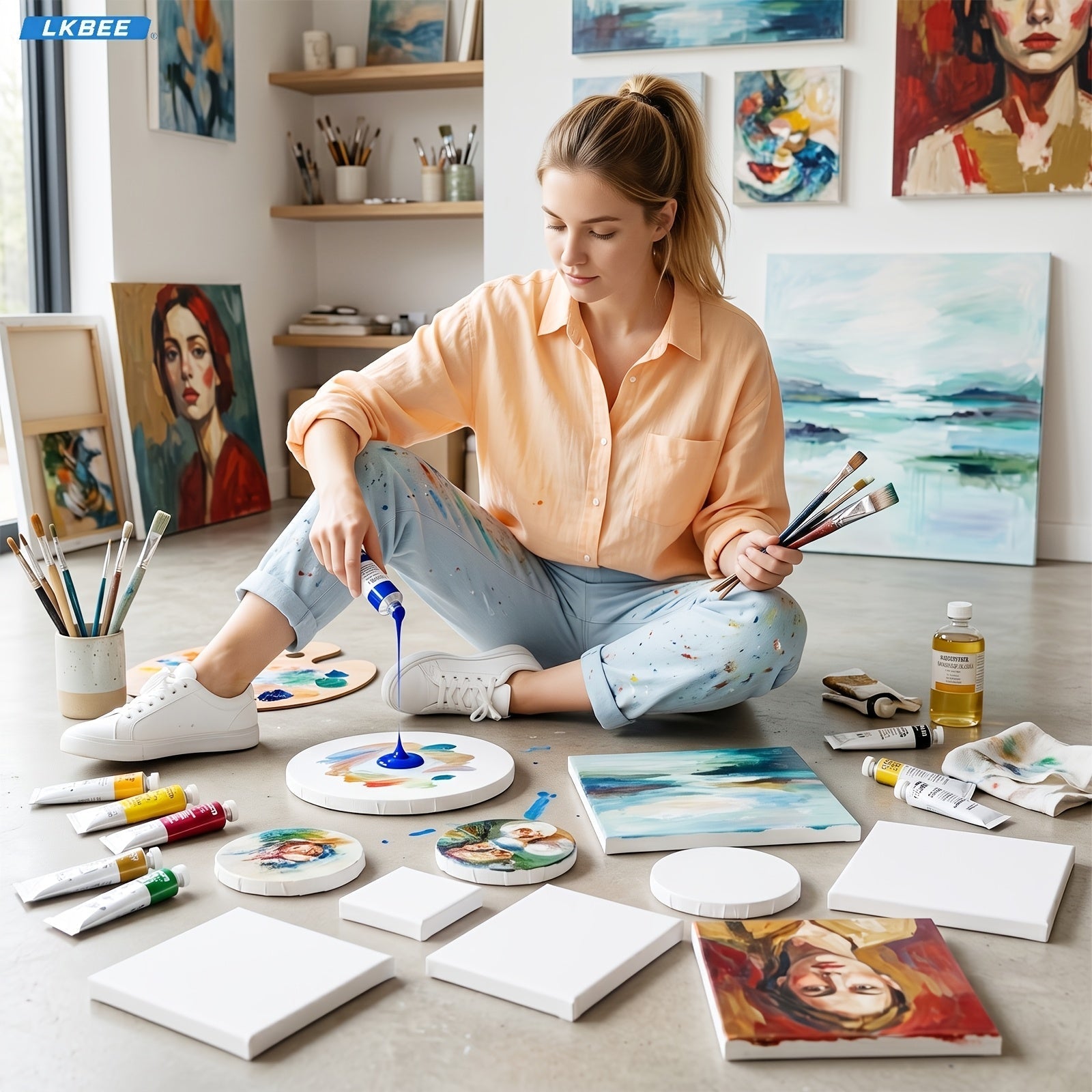 Stretched Canvas Board Set Round and Square Multi-Size Combo 5 to 20 Piece Packs – Pre-Primed Acid-Free Cotton Canvas for Acrylic Pouring Wet-on-Wet Oil Painting Mixed Media and Classroom Teaching