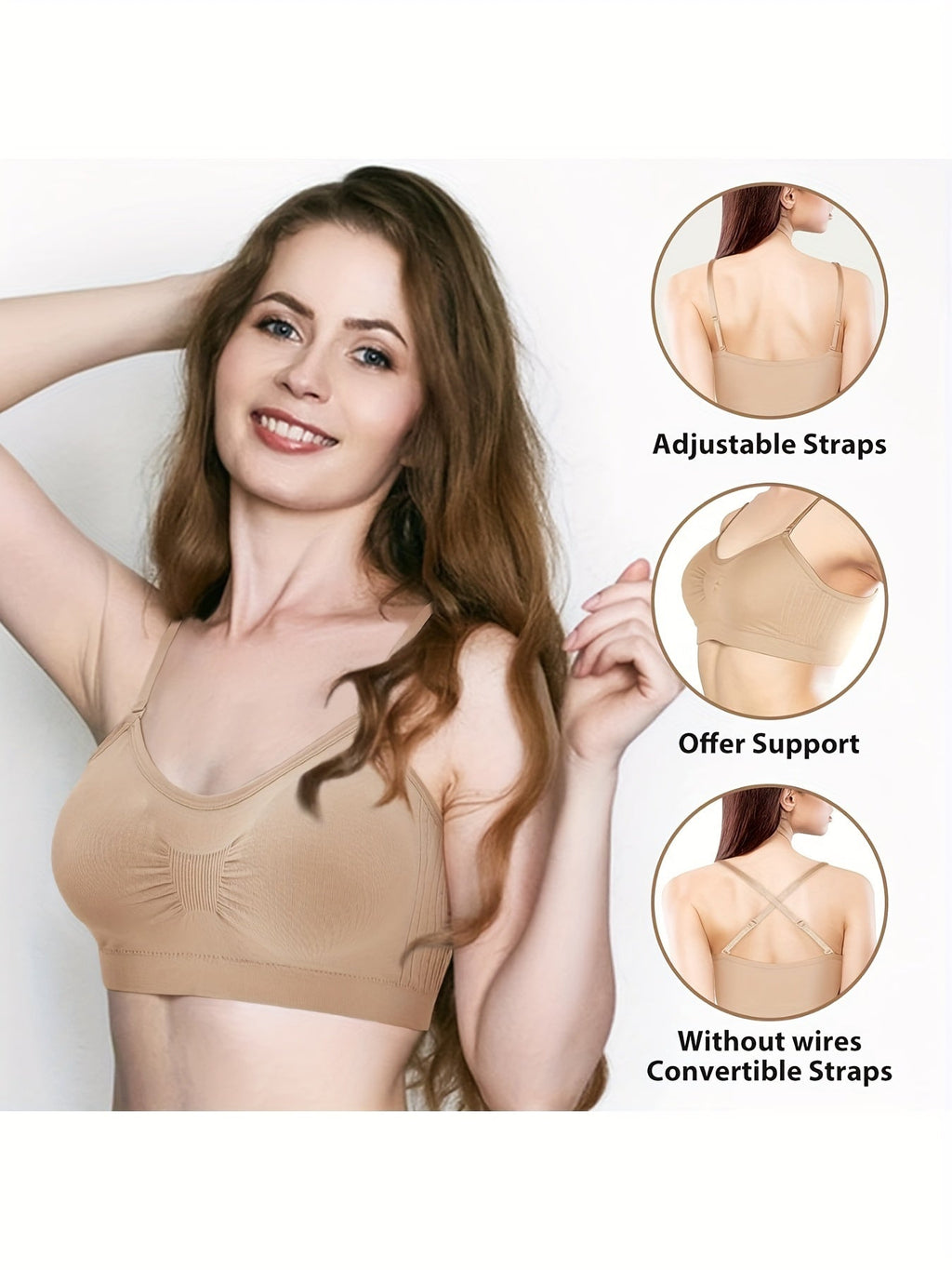 V-Neck Padded Bralette Cami Bra 4 Pack – Wireless Tank Top Sports Bra with Adjustable Straps for Women, Soft Padded Everyday Bralette Set, Sizes S-XL, Colors Rust, Beige, Green, Blue