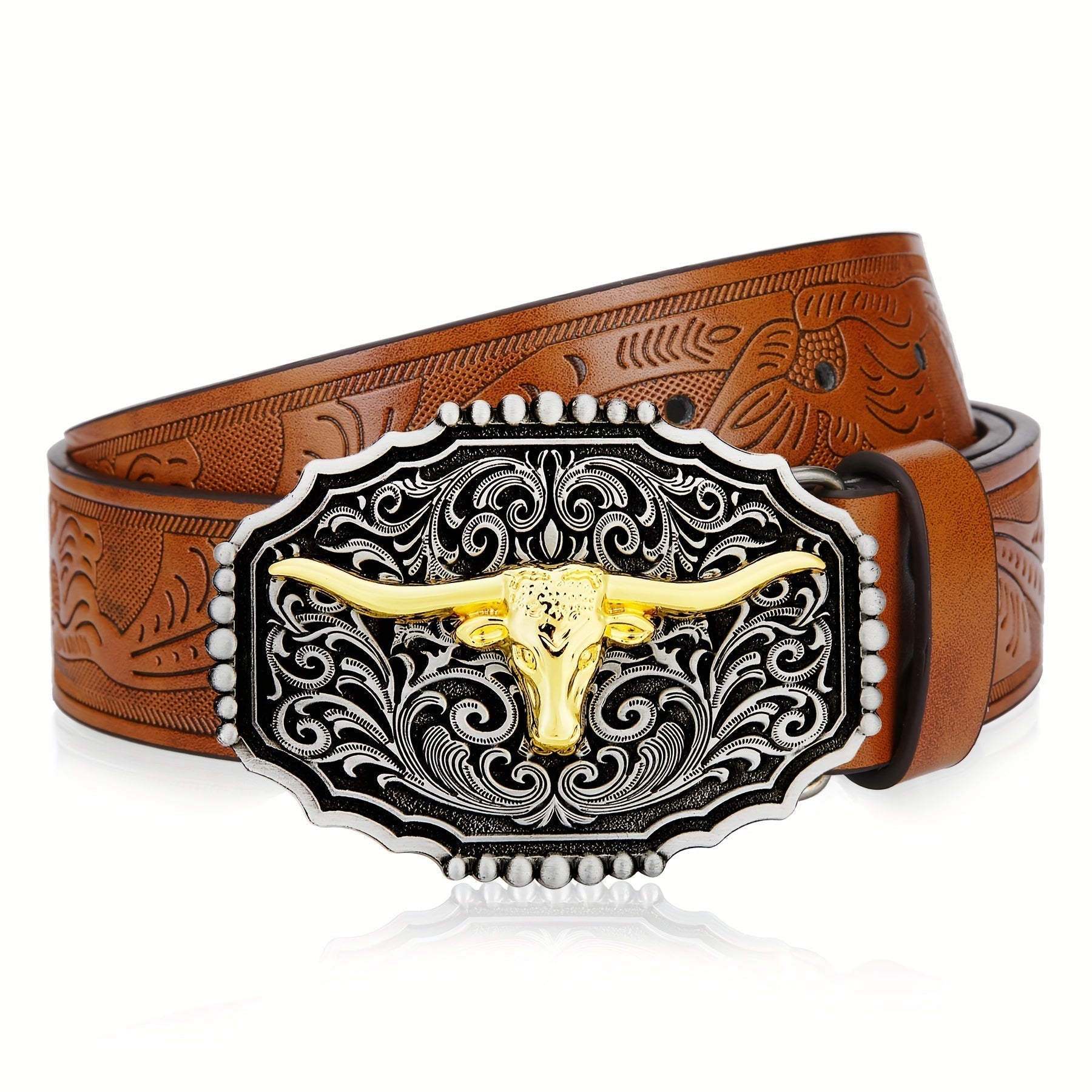Western Cowboy Belt Men Women Embossed Floral Faux Leather Longhorn Bull Big Buckle – 23 Styles Sizes 34-44 Waist 32"-42" Country Rodeo Halloween Christmas Father's Day Gift