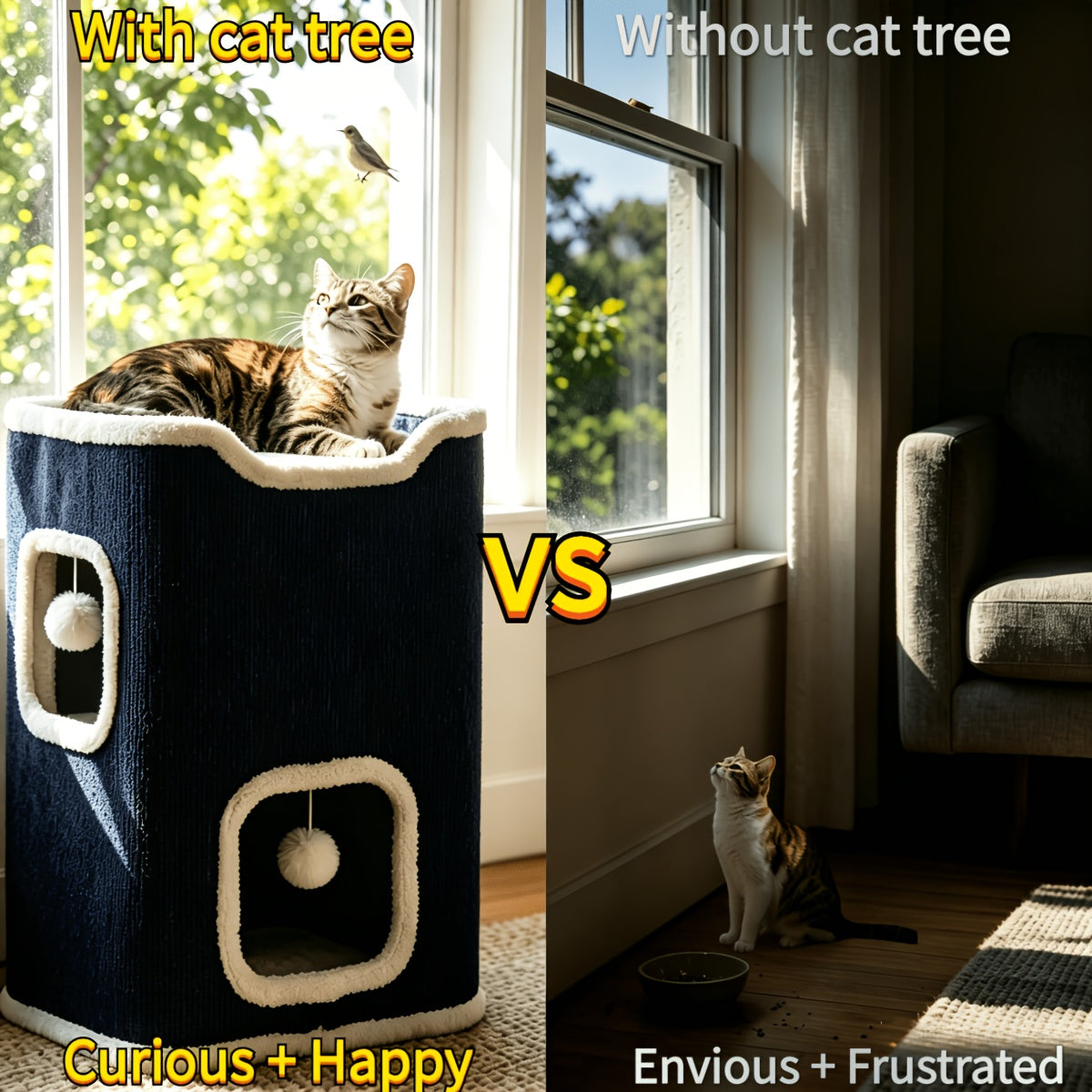 Multi-Level Foldable Cat Tree Tower for Indoor Cats Scratching Post Cozy Perch Cat Condo with Hanging Toy Ball & Hideaway – Soft Bed, 1/3/4 Tier Options, Light Gray Dark Blue Camel