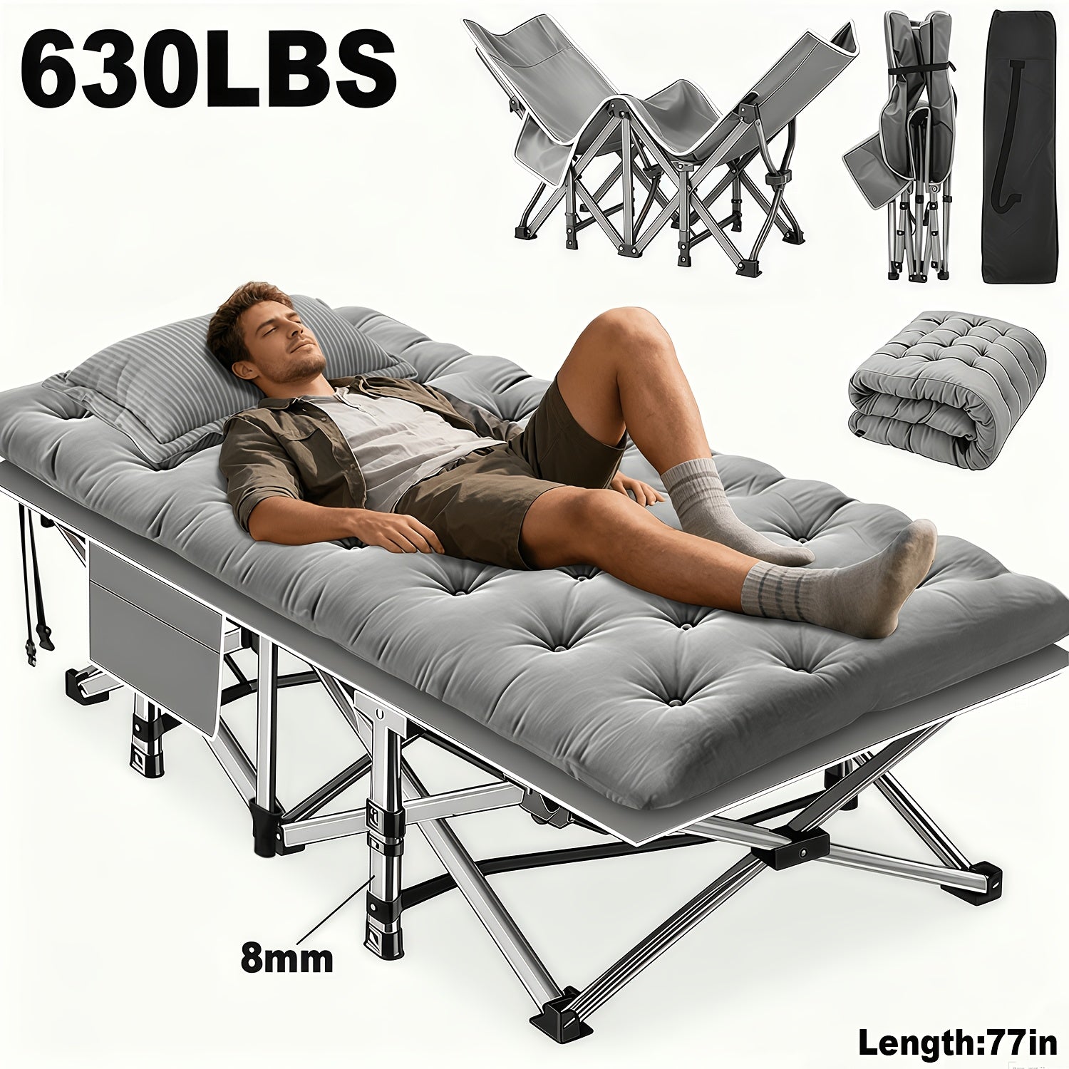Heavy Duty Folding Bed with Optional Mattress up to 630 LBS – Portable Camping Cot with Multi-Leg Support, Side Pockets & Pillow, 59–77 Inch All Season Guest Napping Bed Space Saving