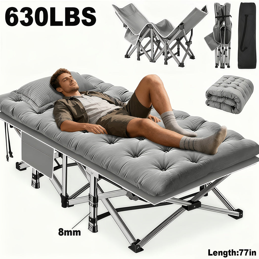 Heavy Duty Folding Bed with Optional Mattress up to 630 LBS – Portable Camping Cot with Multi-Leg Support, Side Pockets & Pillow, 59–77 Inch All Season Guest Napping Bed Space Saving
