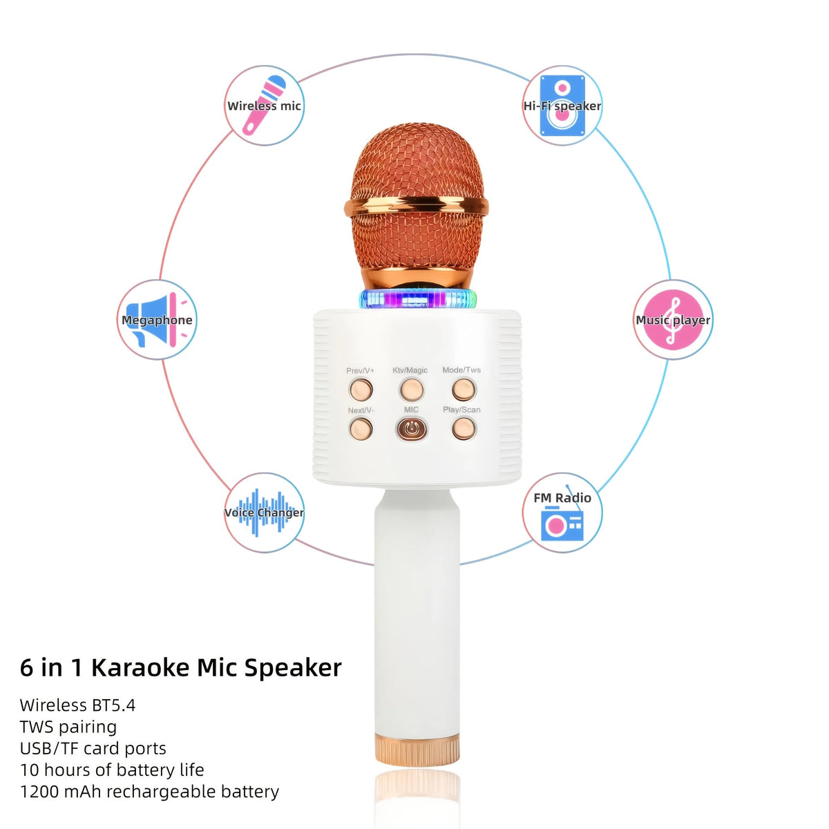 5-in-1 Wireless Karaoke Microphone with Built-In Speaker, LED Lights & Voice Changer – Portable Bluetooth Singing Mic for Parties, Family Gatherings, Travel & Outdoor Fun, 10 Colors