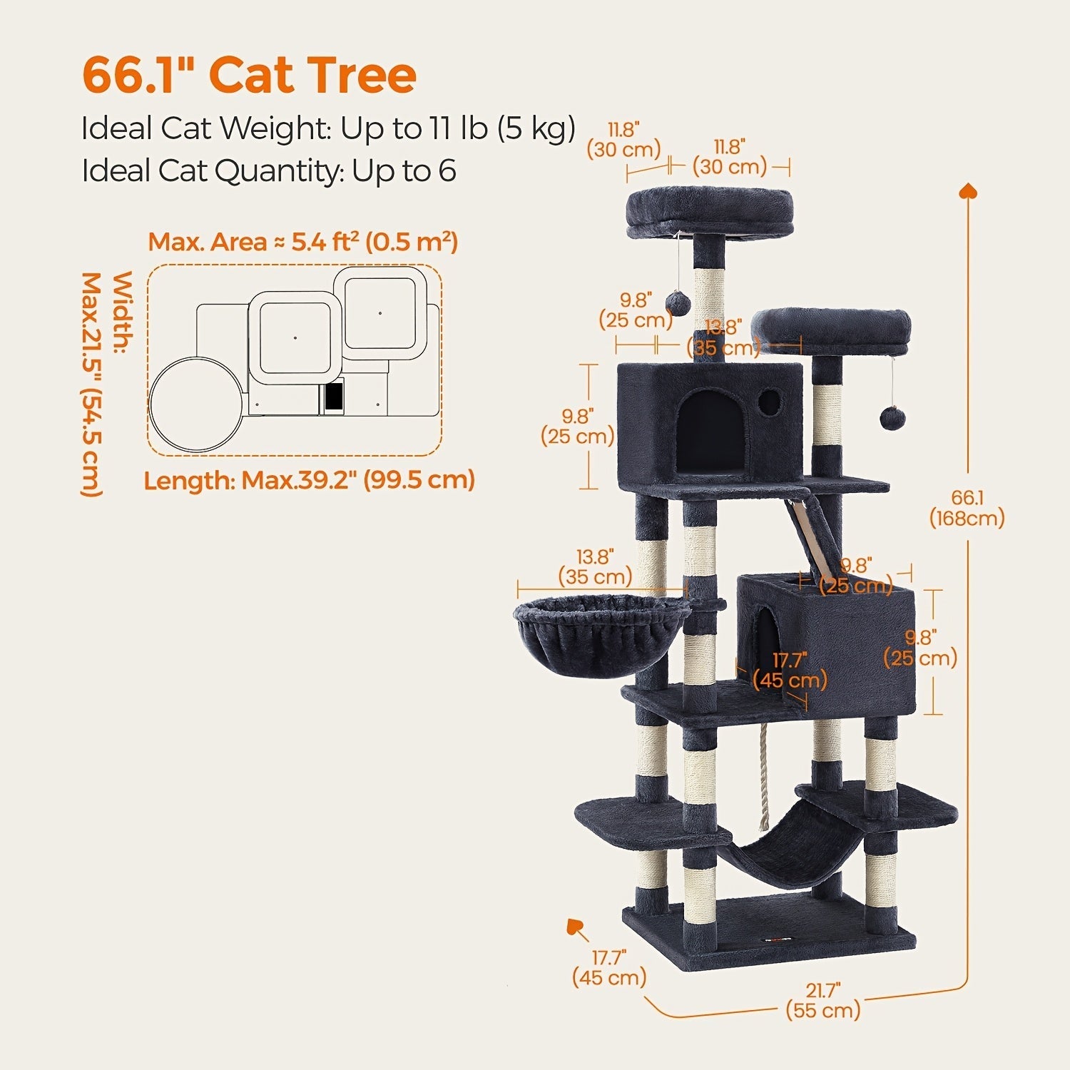 Cat Tree Tower 44 or 66 Inch Multi-Level Hammock Cozy Cave 4 Sisal Posts 2 Perches Anti-Tilt 10-Min Assembly Indoor Cats Kittens Multi-Cat Dark Gray Light Gray White Beige