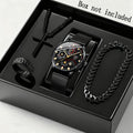 4pcs Men's Stainless Steel Watch & Jewelry Gift Set – Quartz Analog Date Watch with Cross Necklace & Bracelet, Coordinated Metallic Look for Business Casual, Valentine's Day, Mardi Gras & Special Events