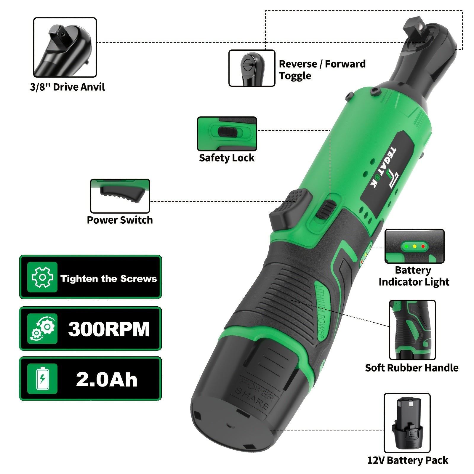 12V Cordless Ratchet Wrench Set 3/8 Drive 40 Ft-lbs Variable Speed – Fast Charge Lithium-Ion 7 Sockets for Automotive Repair DIY & Home Maintenance