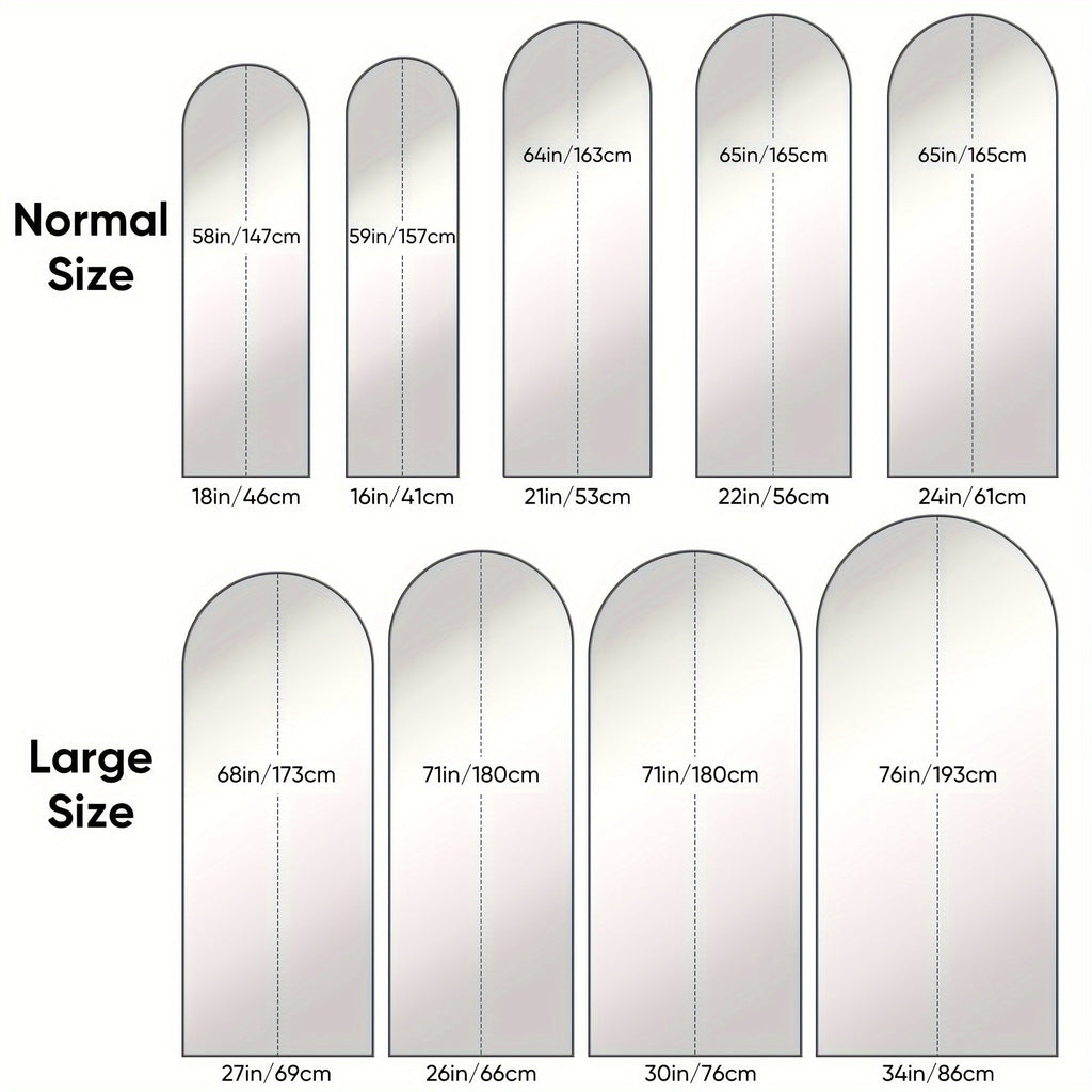 Arched Full Length Floor Mirror Freestanding Full Body Standing Mirror with Stand for Bedroom Living Room Cloakroom Wall Mountable 3 Sizes 2 Colors Black Gold