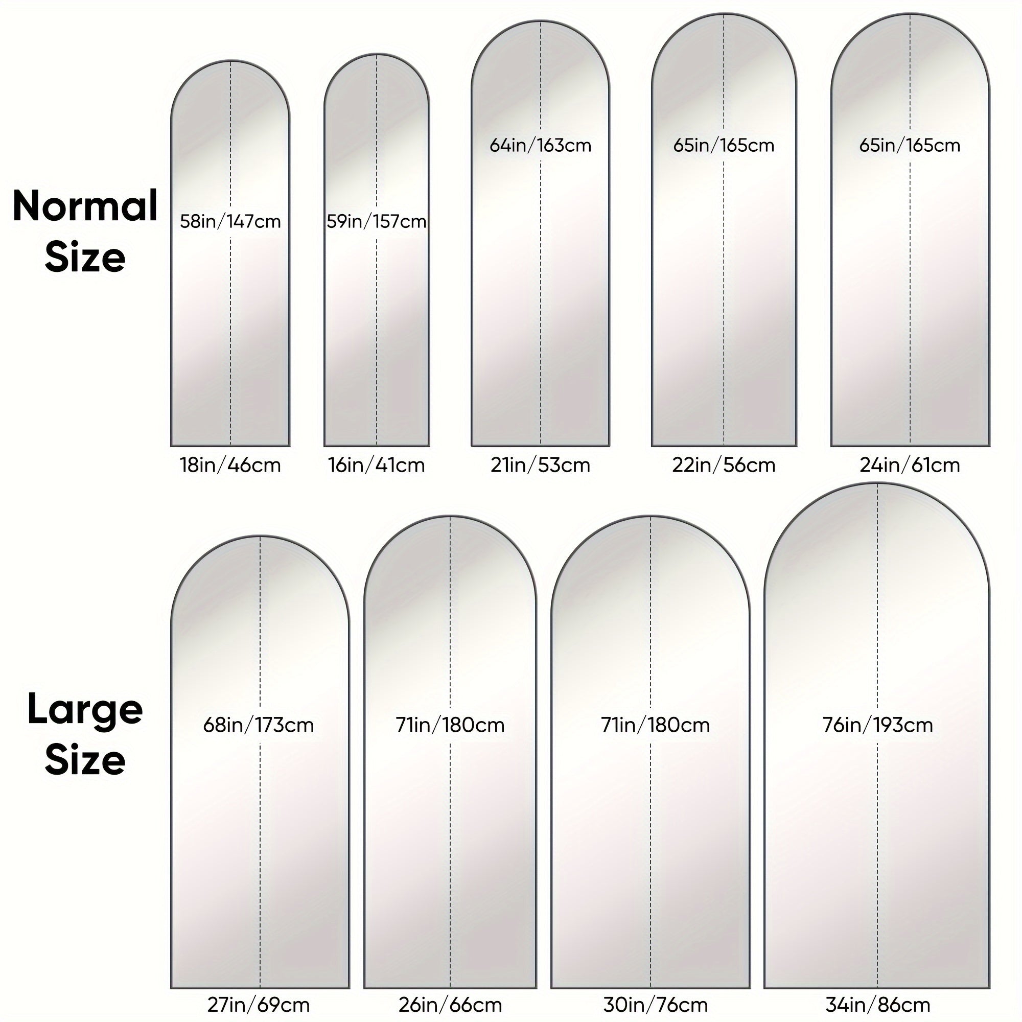 Arched Full Length Floor Mirror Freestanding Full Body Standing Mirror with Stand for Bedroom Living Room Cloakroom Wall Mountable 3 Sizes 2 Colors Black Gold