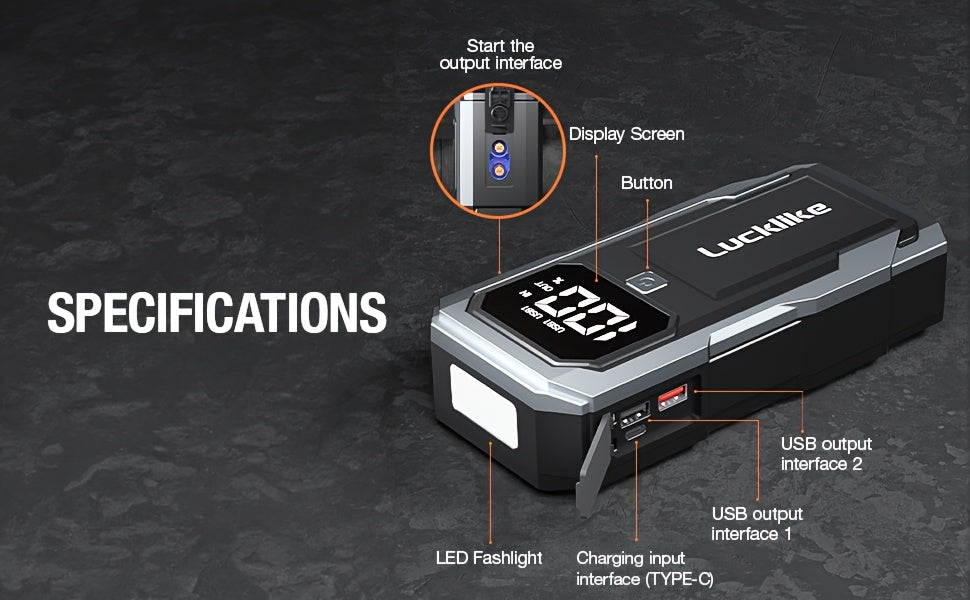 5000A Portable Car Jump Starter & 12V Battery Charger – 3000A Peak, QC3.0 Quick Charge, Intelligent Jumper Cables, LED Light & Power Bank for Gas & Diesel Engines Up to 8.0L