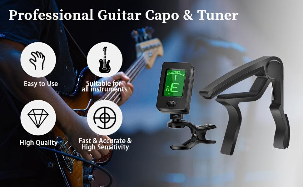 Guitar Clip-On Tuner & Capo Set with Picks 9pcs – Chromatic Multi-Mode Tuner for Acoustic, Electric, Bass, Violin & Ukulele, Spring-Loaded Capo, Rosewood Picks Included