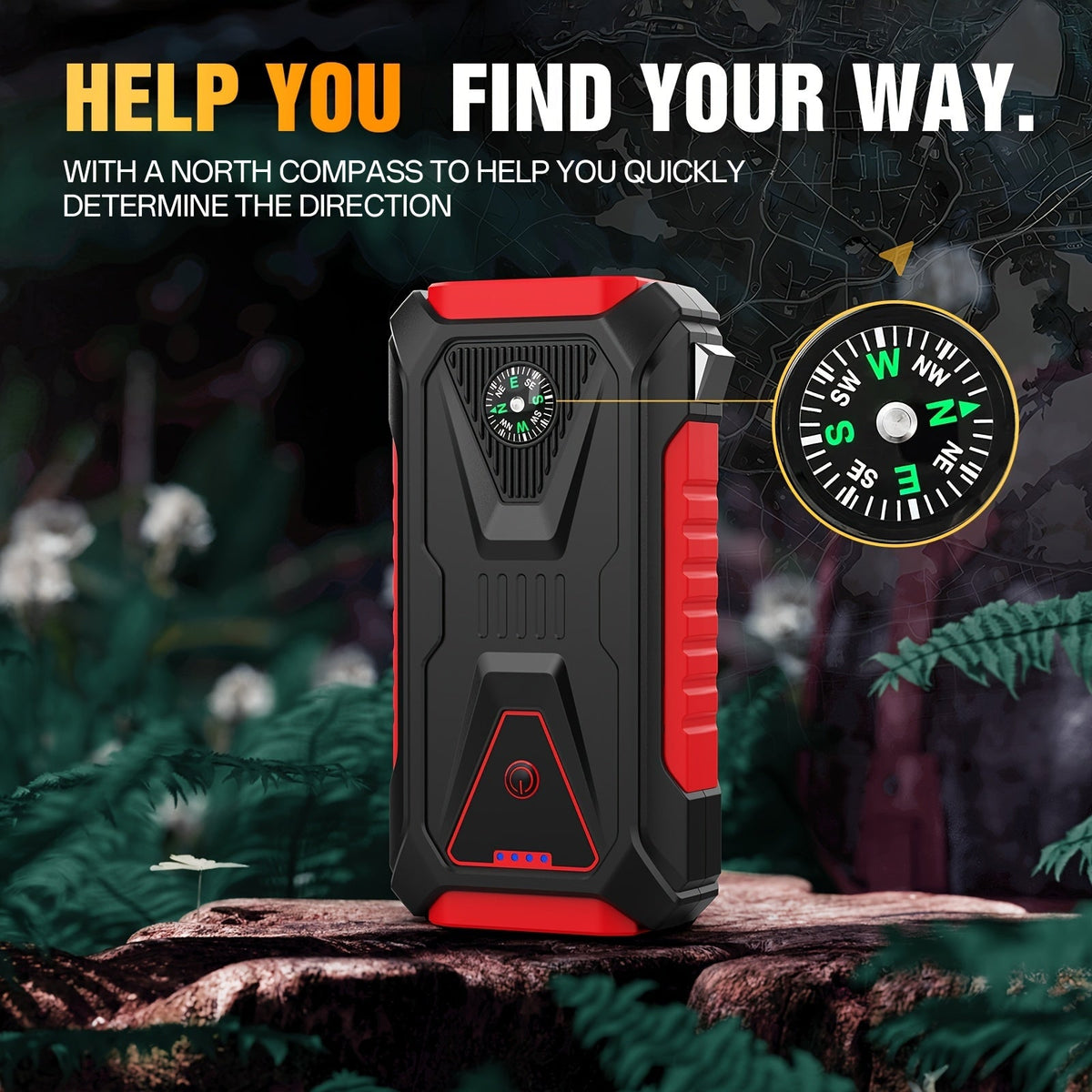 5000A Peak Jump Starter 12V Portable Car Battery Starter for Gas & Diesel Engines – LED Flashlight, SOS Light, Safety Hammer, Compass & USB Power Bank, 74WH Lithium Battery