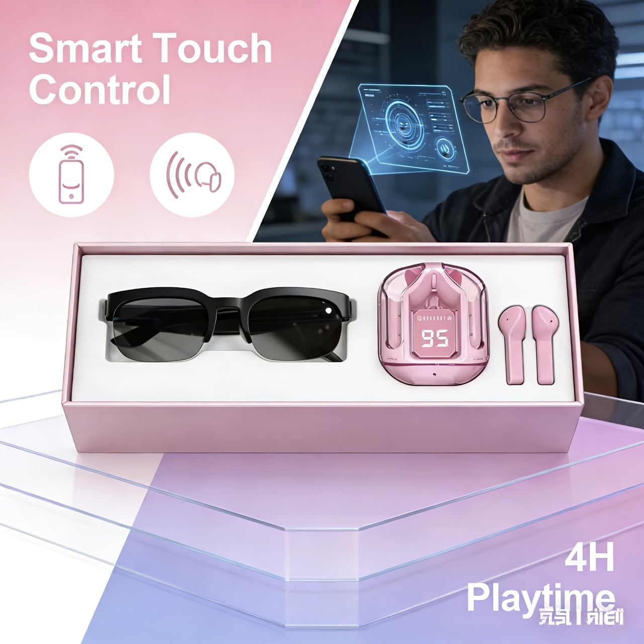 AI Translation Smart Glasses with Wireless Headphones – Real-Time Multi-Language Translator Built-in Mic Music Audio Rechargeable Wearable Tech for Travel Business Sports Daily Wear
