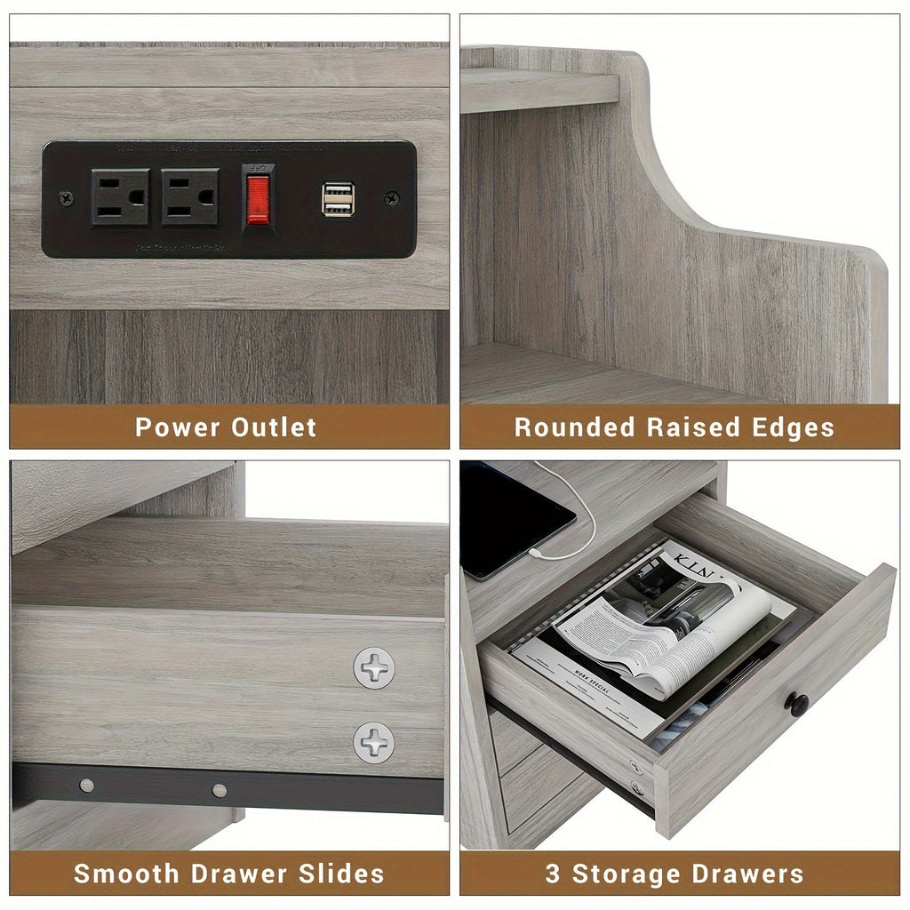 Nightstand with Charging Station 2 USB Ports 2 Outlets - 3 Drawers Hutch Bedroom End Table Sofa Side Table for Living Room Office Gray White 14x17.7x26.8 Inch