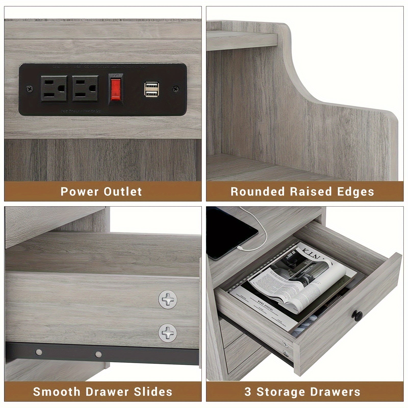 Nightstand with Charging Station 2 USB Ports 2 Outlets - 3 Drawers Hutch Bedroom End Table Sofa Side Table for Living Room Office Gray White 14x17.7x26.8 Inch
