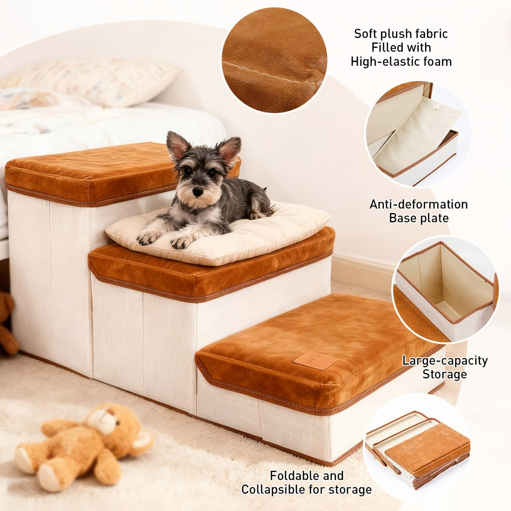 3-Tier Foldable Dog Stairs for Small Dogs Non-Slip Nylon Pet Ramp for High Beds Sofas Compact Foldable Brown White Includes Bonus Plush Toy