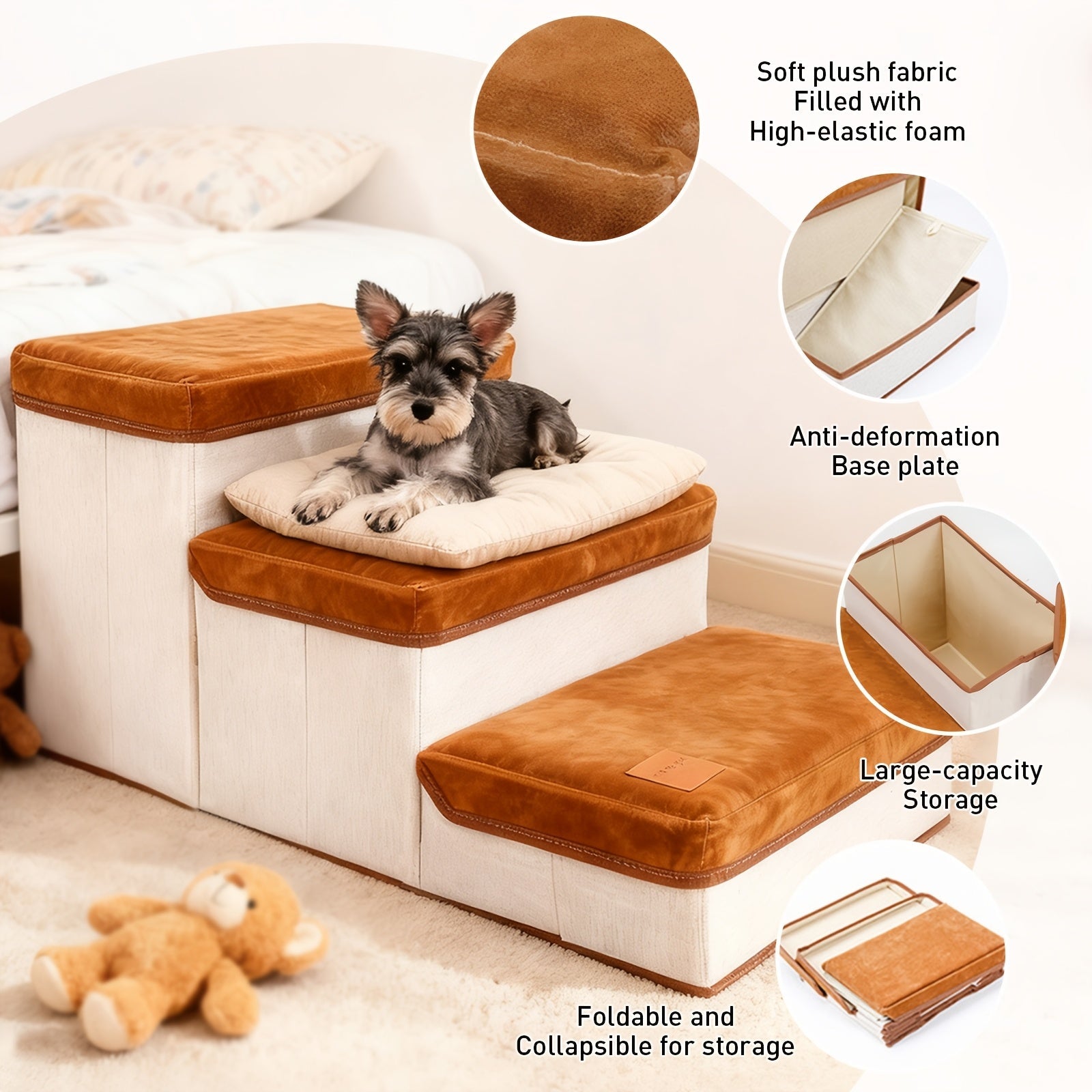 3-Tier Foldable Dog Stairs for Small Dogs Non-Slip Nylon Pet Ramp for High Beds Sofas Compact Foldable Brown White Includes Bonus Plush Toy