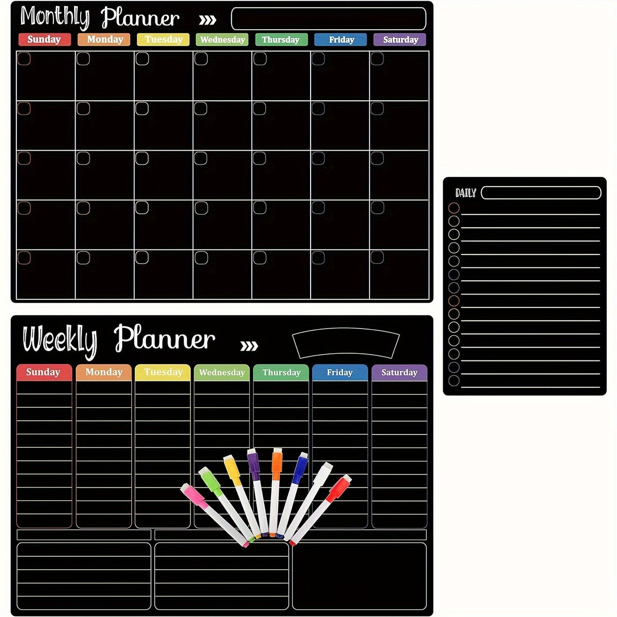 Magnetic Dry Erase Board Set of 3 for Fridge & Wall – Black Monthly Weekly Daily Planner Calendar with 8 Markers, Family Home Office Organizer by Hivillexun