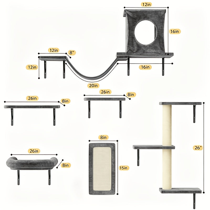 Wall Mounted Cat Climbing Shelf Set 7-Piece Deluxe Indoor Cat Furniture with Condo Scratching Post Bridge Ladder Tunnel – Space-Saving Cat Wall Playground for All Cat Sizes