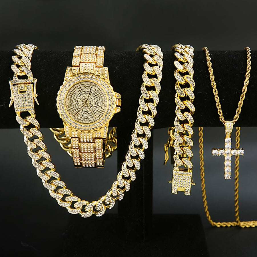 4-Piece Men's Punk Jewelry Set – Quartz Watch Cuban Chain Necklace Bracelet Cross Necklace Rhinestone Hip Hop Style Accessories Gift for Men Boyfriend Son Birthday Christmas Gold Silver