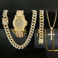 4-Piece Men's Punk Jewelry Set – Quartz Watch Cuban Chain Necklace Bracelet Cross Necklace Rhinestone Hip Hop Style Accessories Gift for Men Boyfriend Son Birthday Christmas Gold Silver