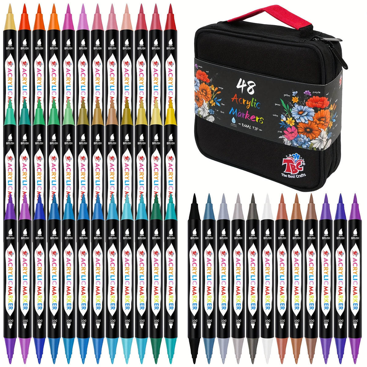 TBC Dual Tip Acrylic Paint Markers 48 72 108 Colors with Canvas Bag Non-Toxic Odorless Professional Acrylic Paint Pens for Canvas Paper Wood Glass Stone Pottery Fabric DIY Art