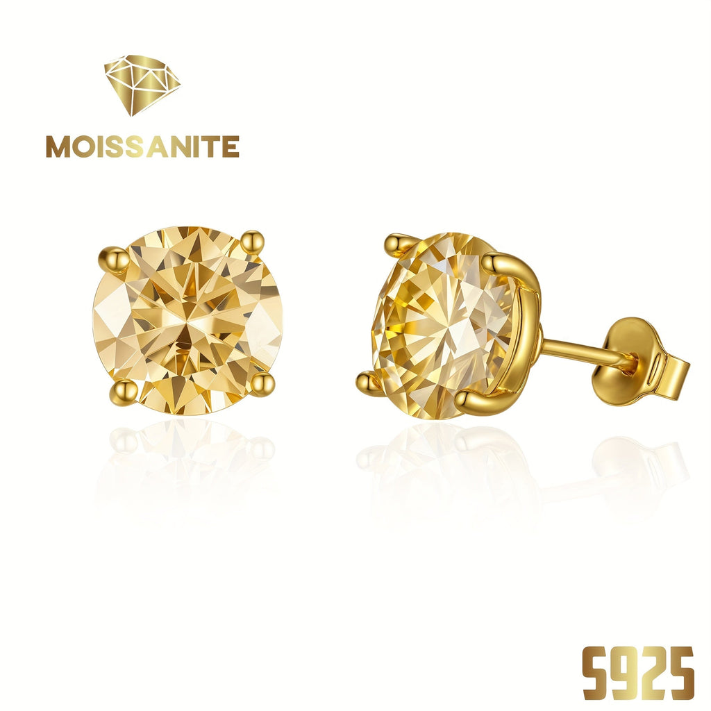 Champagne Yellow Moissanite Stud Earrings S925 Sterling Silver 4-Claw Setting 1ct 2ct 3ct – Diamond Alternative Sparkle Earrings for Women Valentine Birthday Wedding Gift with Velvet Pouch