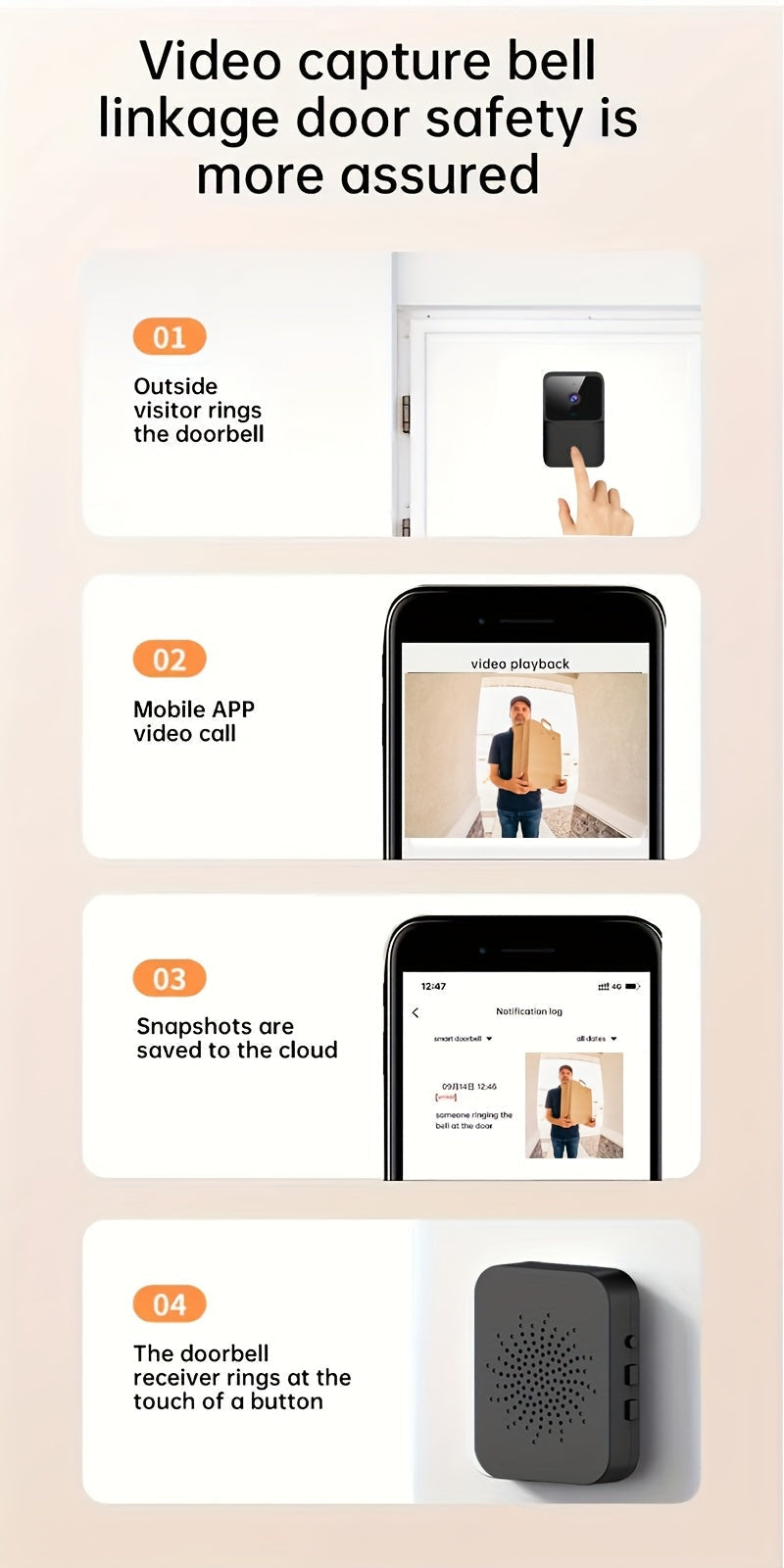 Wireless Video Doorbell Camera with HD Night Vision, Motion Alerts & Two-Way Audio – Smart WiFi Doorbell with Remote Mobile View, Voice Changer, Photo Capture & Rechargeable Battery for Home Security