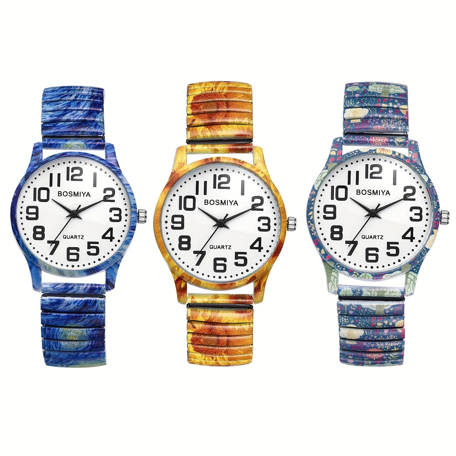 Bohemian Quartz Watch Unisex Printed Stretch Band Wristwatch – Starry Sky Sunflower Tree of Life Boho Designs, Large Arabic Numeral Dial, Nature-Inspired Gift for Women & Men Valentine Birthday