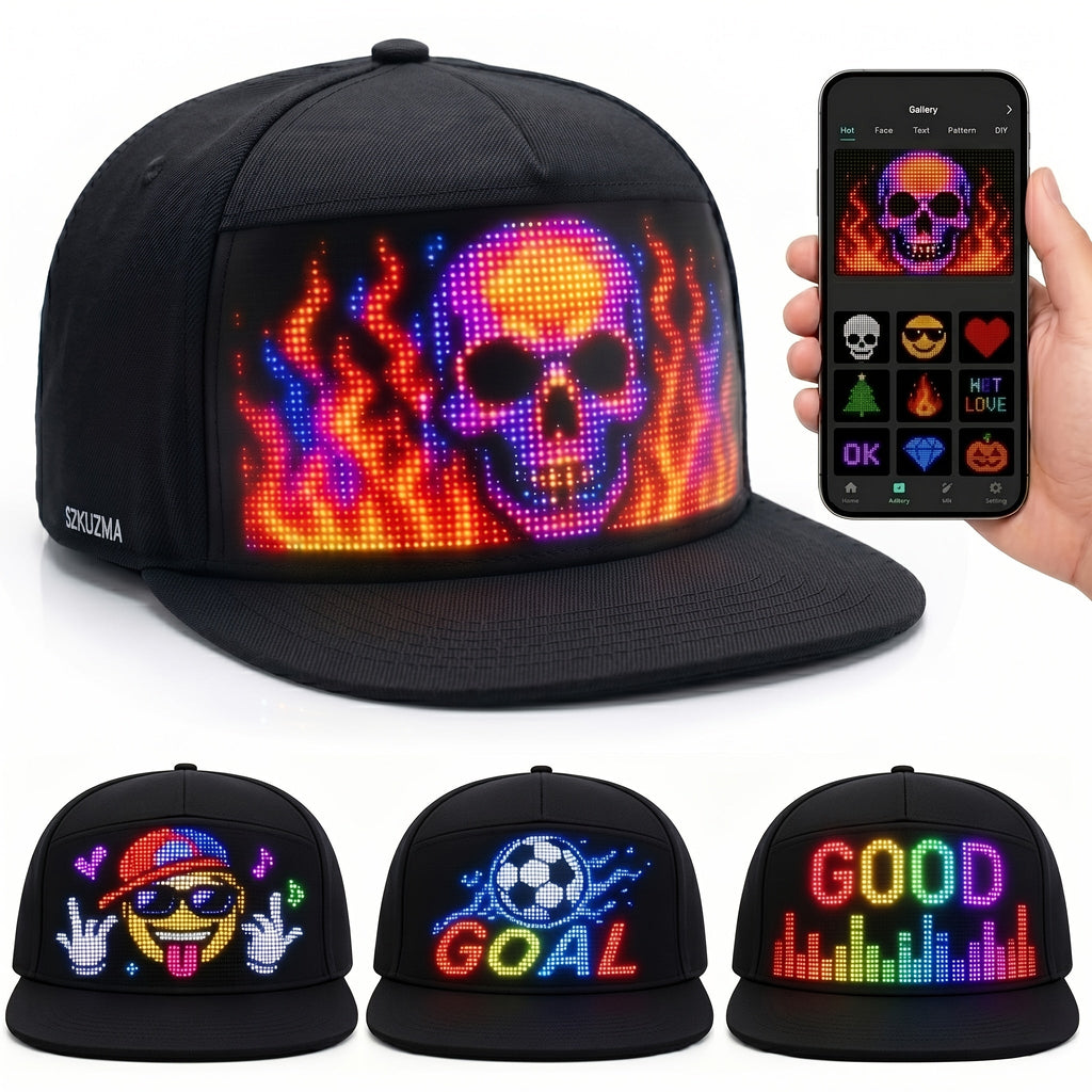 LED Light-Up Hat 16x32 Matrix US Flag App Programmable Scrolling Message Cap – Custom Text Upload Breathable Woven Unisex Novelty Gift for Teens Parties Festivals Events