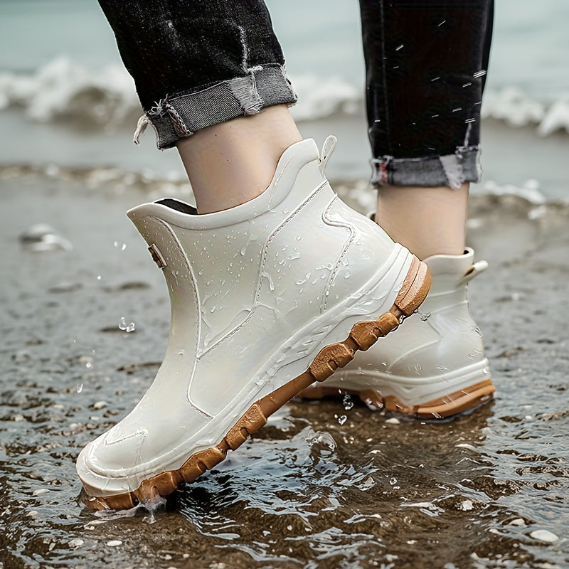 Lightweight Non-Slip Short Ankle Rain Boots for Men and Women Cushioned Insoles Breathable Lining Textured Anti-Slip Sole Fashionable Unisex Couple Rain Boots for Car Washing Outdoor Activities Black Beige US 5.5-12
