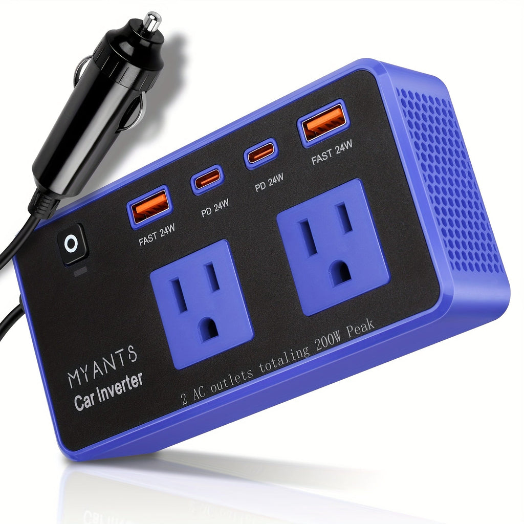 200W Car Power Inverter DC 12V to AC 110V with USB-C PD 24W QC3.0 Fast Charge Dual USB-A 4-Port Vehicle Outlet Adapter for Laptop Phone MacBook iPad Camping Road Trip Travel