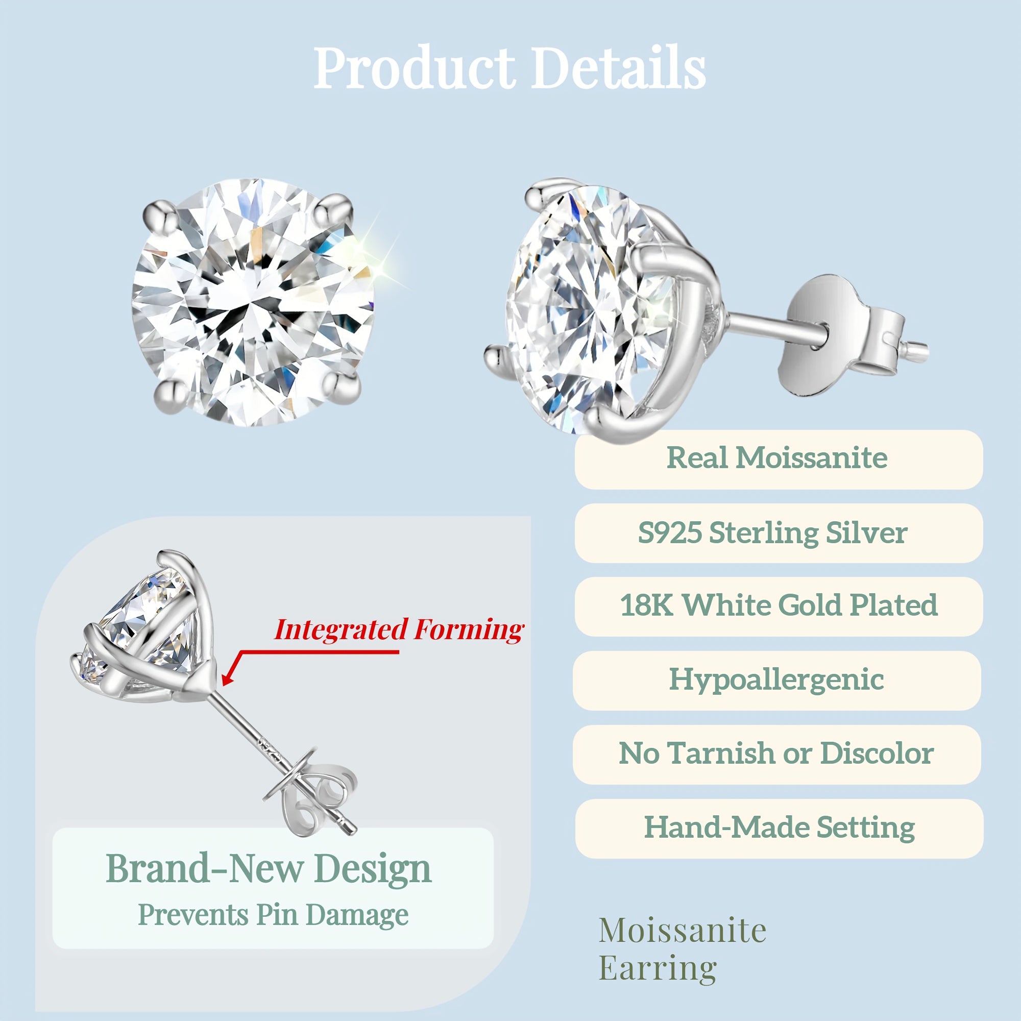 Classic Moissanite Stud Earrings D Color VVS1 S925 Sterling Silver – GRA Certified Lab Diamond Studs in 0.5CT to 5CT Per Ear, Ideal Gift for Birthday, Mother's Day & Wedding, Includes Velvet Pouch & Polishing Cloth