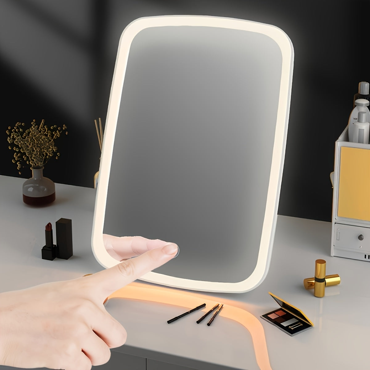 LED Makeup Mirror with Touch Sensor – 3 Lighting Modes (White, Daylight, Warm), Adjustable Brightness, Portable Folding Vanity Mirror, USB Charging, Compact Travel & Desktop Cosmetic Mirror