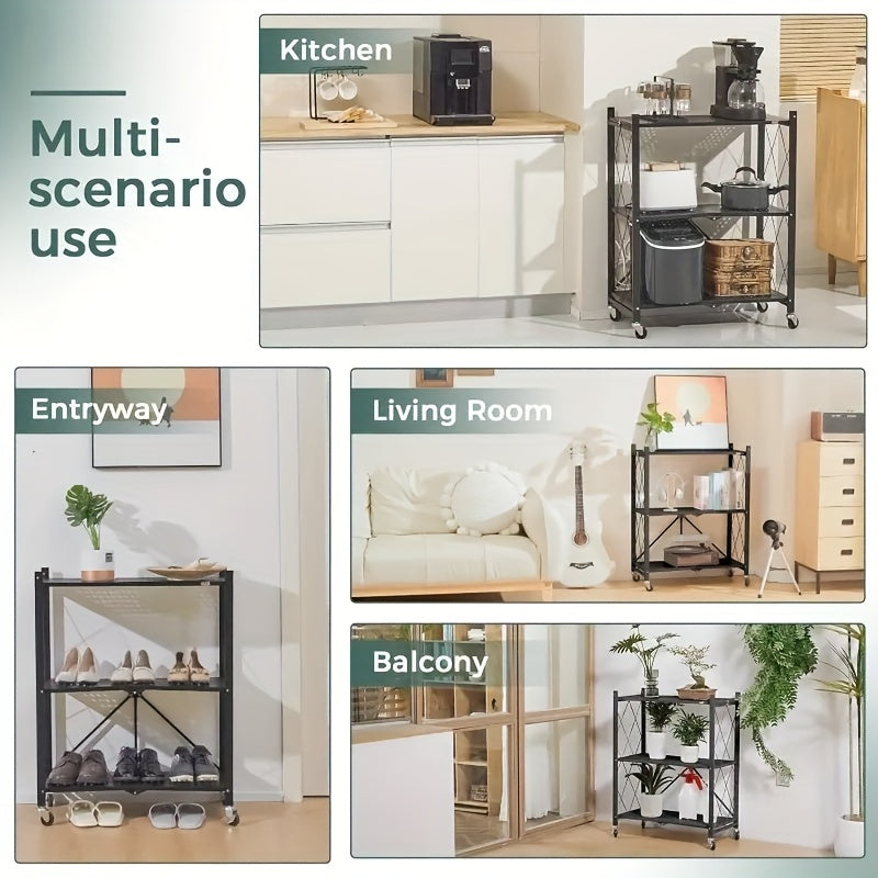 3 Layer Heavy Duty Foldable Metal Storage Rack with Wheels 750 LBS – Movable Rolling Shelving Unit for Garage Kitchen Warehouse Basement & Home Organization