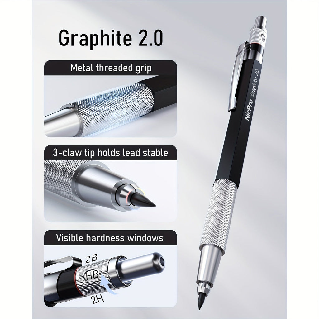 Nicpro 34-Piece Art Mechanical Pencil Set 6 Metal Drafting Pencils 0.5 0.7 0.9 2mm 19 Refill Leads 6B to H Erasers Storage Case Sketching Drawing Artists Students