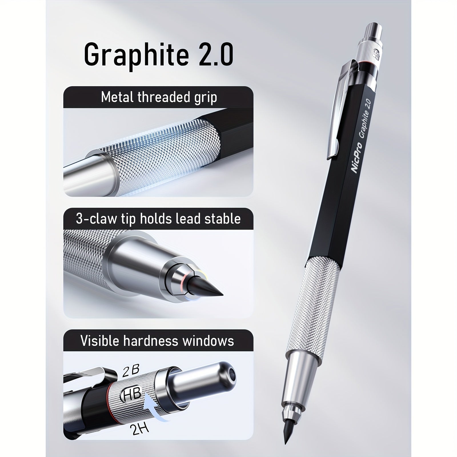 Nicpro 34-Piece Art Mechanical Pencil Set 6 Metal Drafting Pencils 0.5 0.7 0.9 2mm 19 Refill Leads 6B to H Erasers Storage Case Sketching Drawing Artists Students