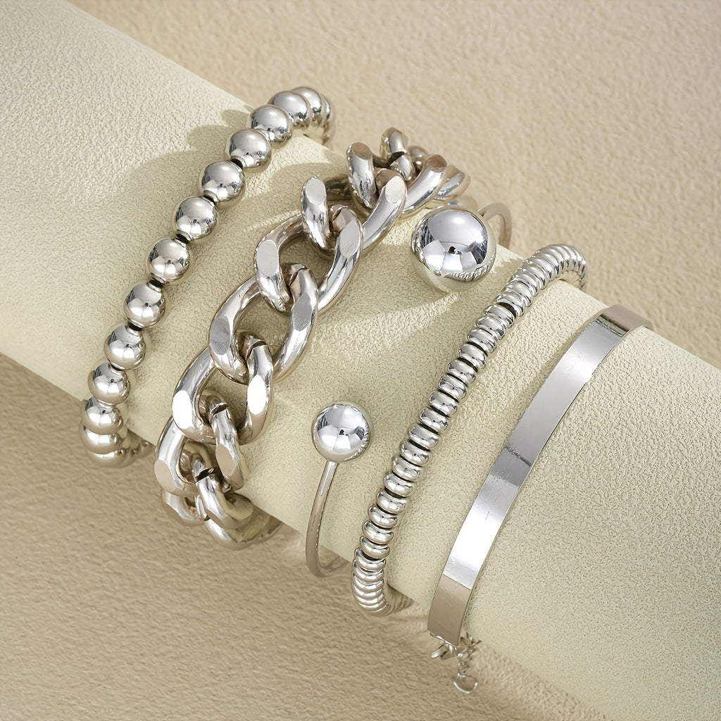 5-Piece Chunky Wide Chain Beaded Bracelet Set for Women – Stackable Layering Fashion Jewelry, Gold & Silver Tones, Perfect for Daily Wear, Dating, Vacation, Parties & Gifts for Girlfriend