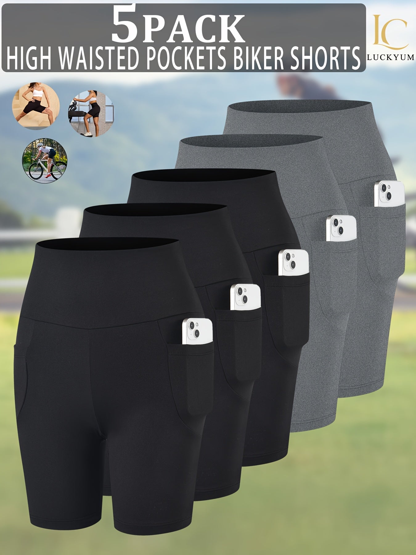 Women's High Waisted Biker Shorts 5 Pack with Pockets | Tummy Control No See-Through | 6" Inseam Workout Running Yoga Athletic Shorts | Soft Stretch | XS-XXL | Mixed Colors