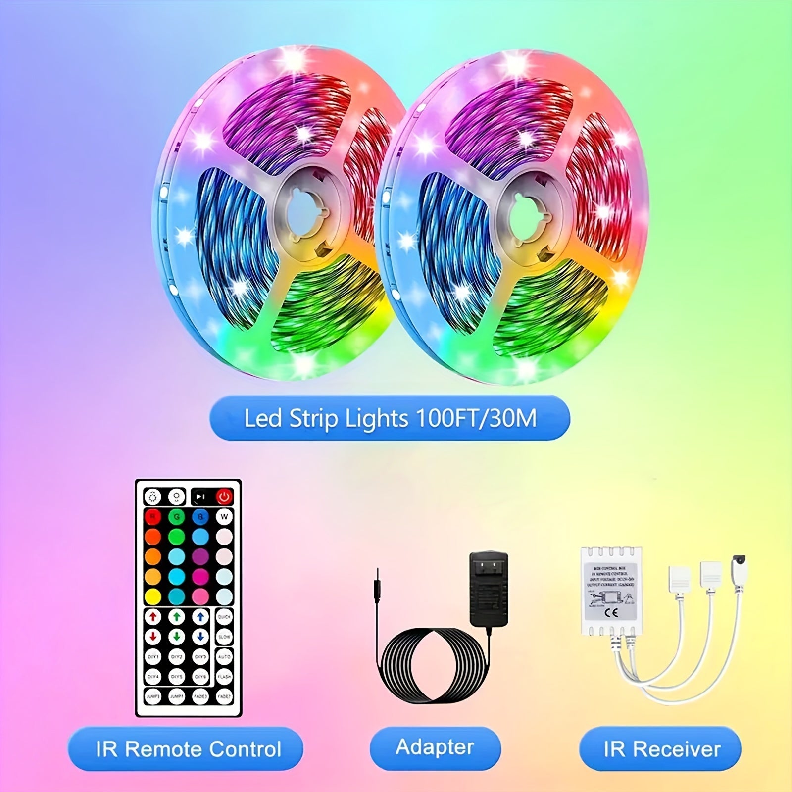 100ft LED Strip Lights Color Changing RGB with 44-Key Remote & Power Supply – 30M Flexible Indoor LED Light Strip for Bedroom Living Room Festival Wedding Carnival Party Decoration Ambiance