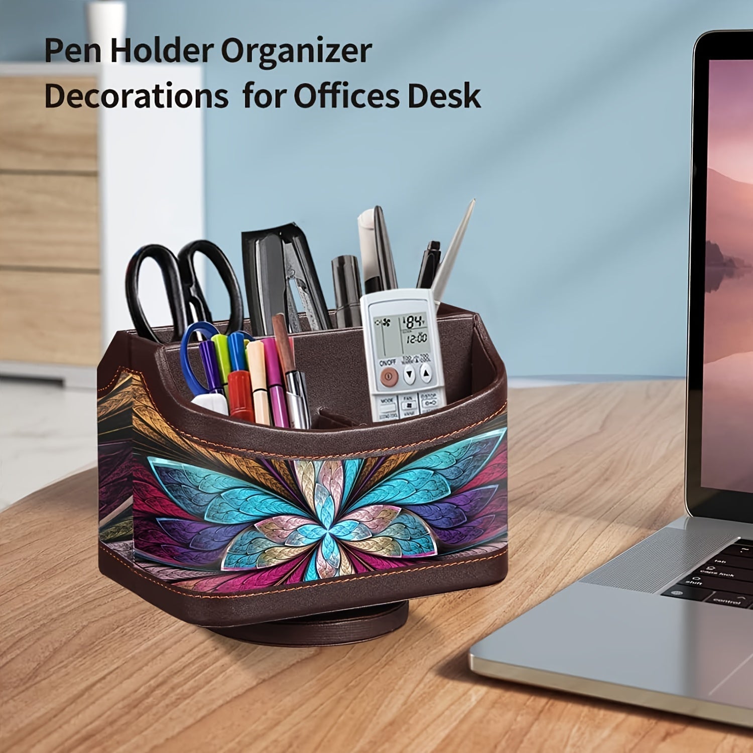 360 Swivel Remote Control Holder 5-Compartment PU Leather Desk Organizer for TV Remotes Phones Eyeglasses Pens Rotating Desktop Storage Caddy