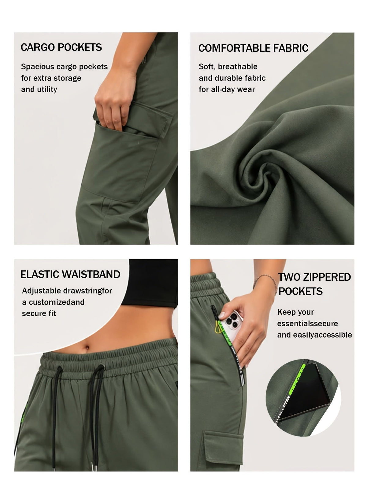 Multi-Pocket Cargo Pants Women Neon Green Zipper Accents Drawstring Waist Full-Length Outdoor Travel Trousers 4 Colors XS-XXL Streetwear