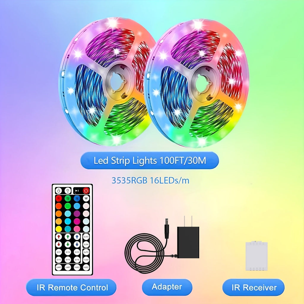 100ft LED Strip Lights Color Changing RGB with 44-Key Remote & Power Supply – 30M Flexible Indoor LED Light Strip for Bedroom Living Room Festival Wedding Carnival Party Decoration Ambiance
